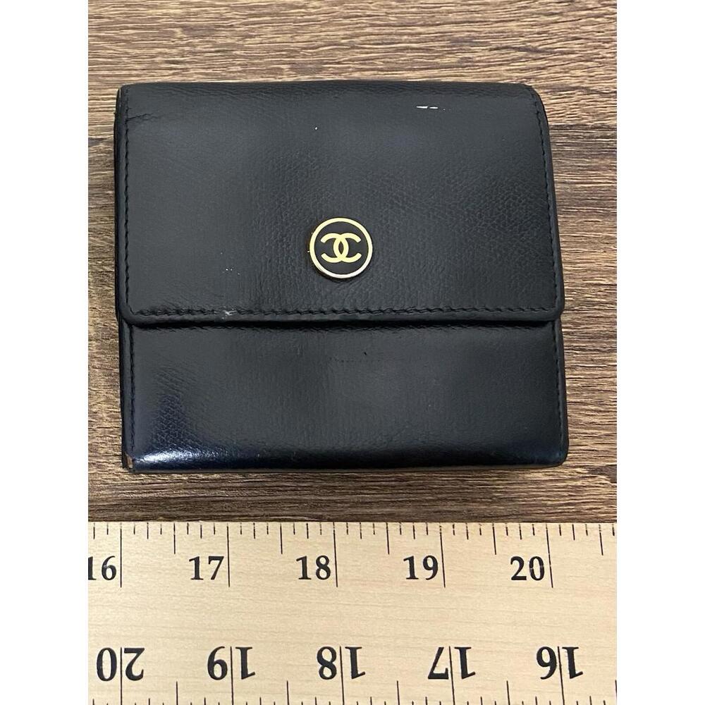 Chanel Cocobutton black leather compact trifold wallet Read*
